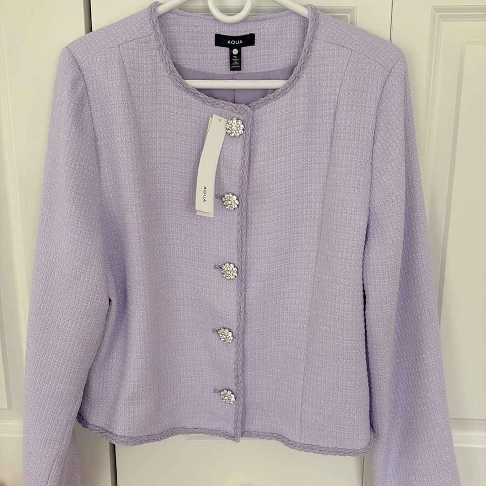 Aqua Lavender Textured Jacket With Crystal Buttons